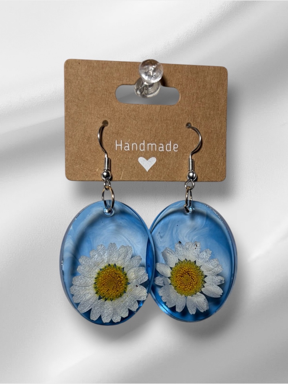 Handmade Blue Resin Daisy Drop Earrings